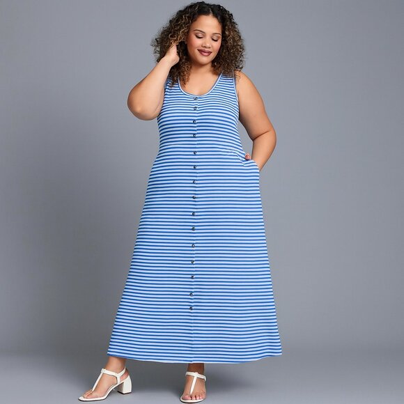 Torrid 2X Blue White Striped Maxi Dress Nautical Button Front Jersey Coastal Y2K - Picture 1 of 7